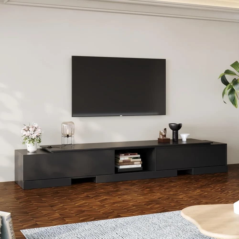 Deformable TV Console with 2 Drawers, Modern Extendable TV Stand in Stretch of 63"-93.7" Wide, Wood Media Gaming Entertainment