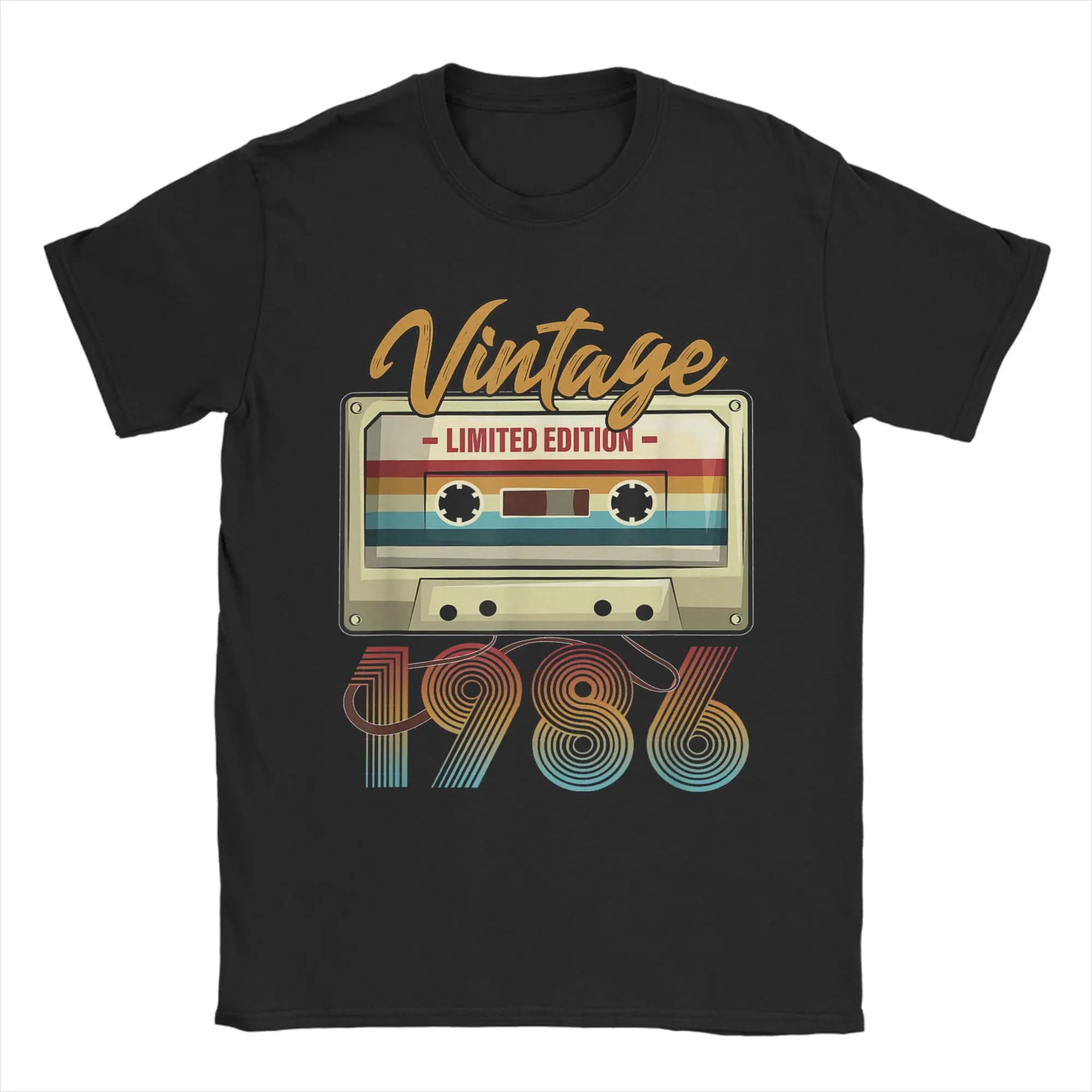 Vintage 1986 40th Birthday Cassette Tape Cotton T-Shirt For Men Summer T-Shirts Crew Neck Harajuku Tee Shirt Plus Size Clothing
