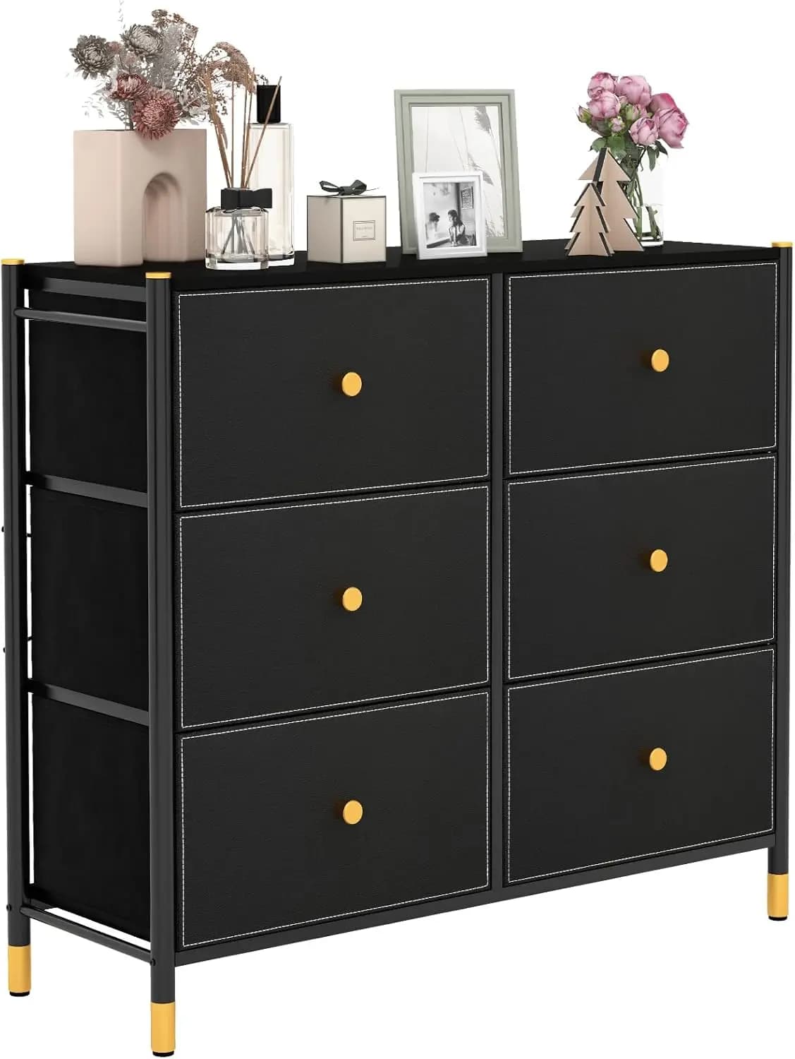 /Dresser with 6 Drawers, Fabric Dresser Tower w/Metal Frame, Wide Chest of Drawers, Floor Storage Organizer Unit w/Fabric