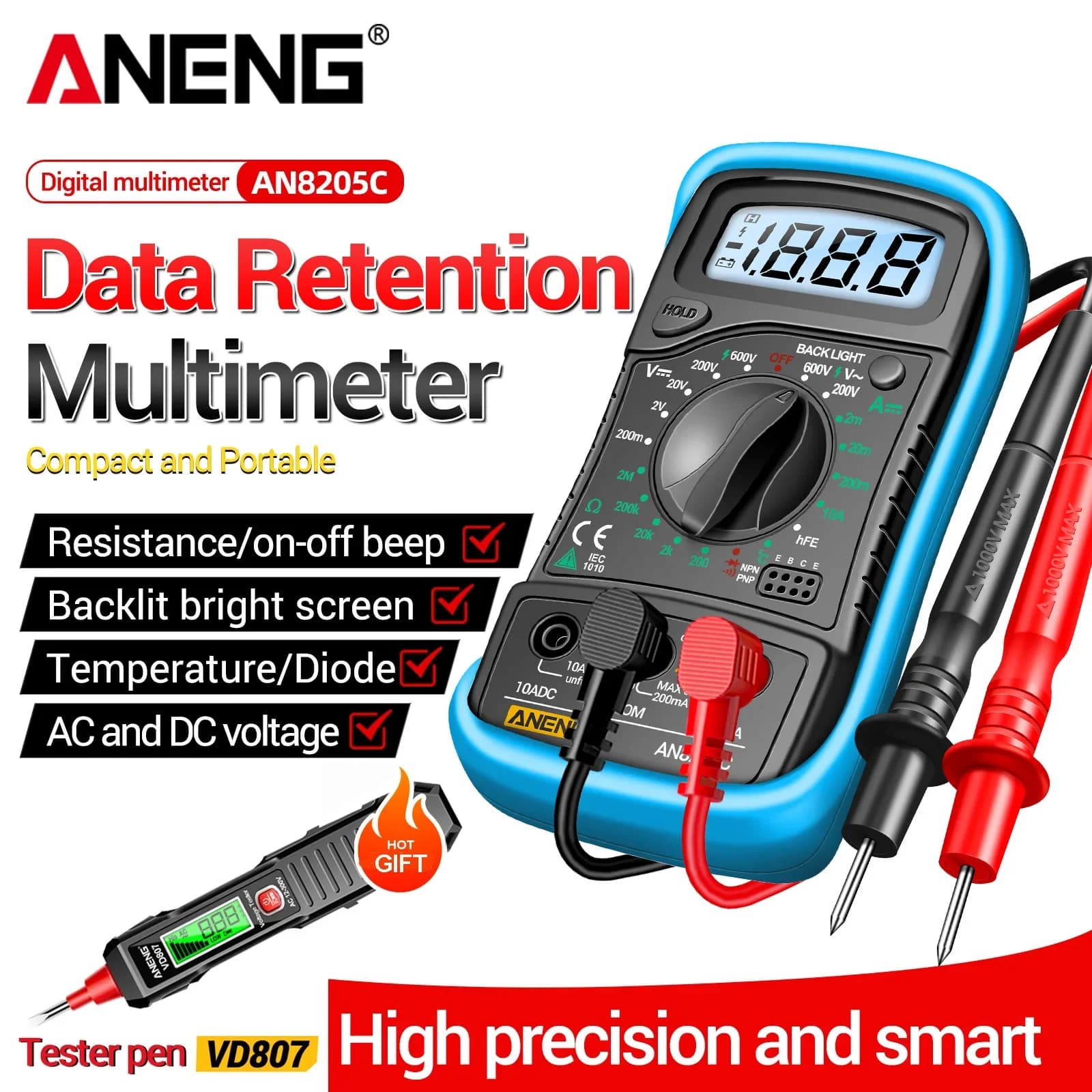 ANENG AN8205C Digital Multimeter AC DC Voltmeter Ammeter Ohm Meter Free Gift VD807 Voltage Tester Pen Handheld Electrical