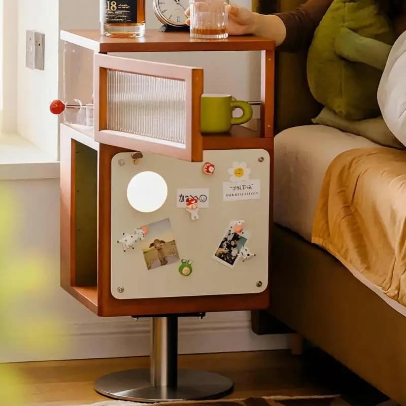 Mid Century Solid Wood Nightstand with Light Bauhaus Rotating Mobile Home Living Room Sofa Side Table Bedroom Shelf