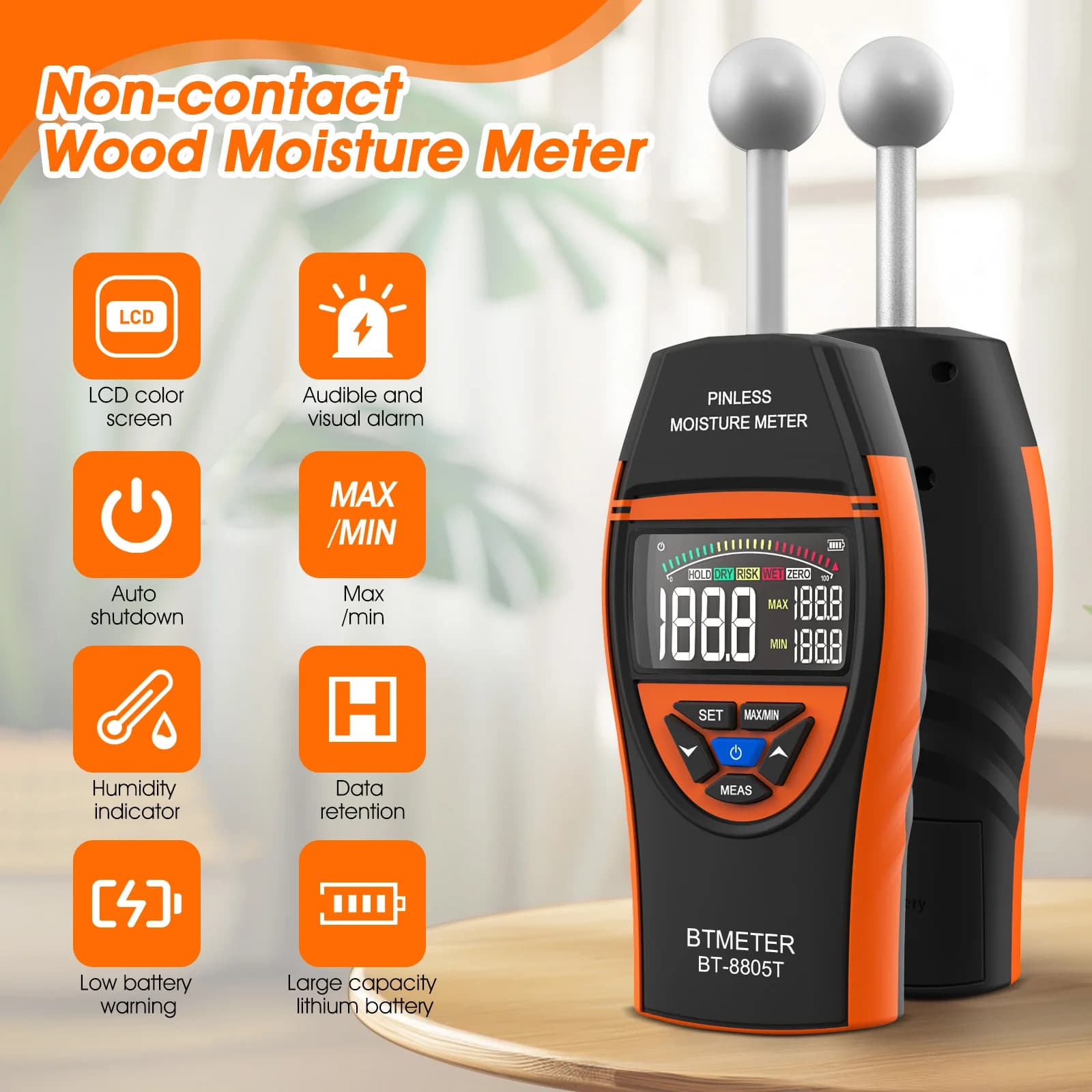 BTMETER Non-Contact Wood Moisture Meter 0-100% Range 20-40mm Depth Pinless Humidity Tester LCD Alarm for Wood Cement Plaster