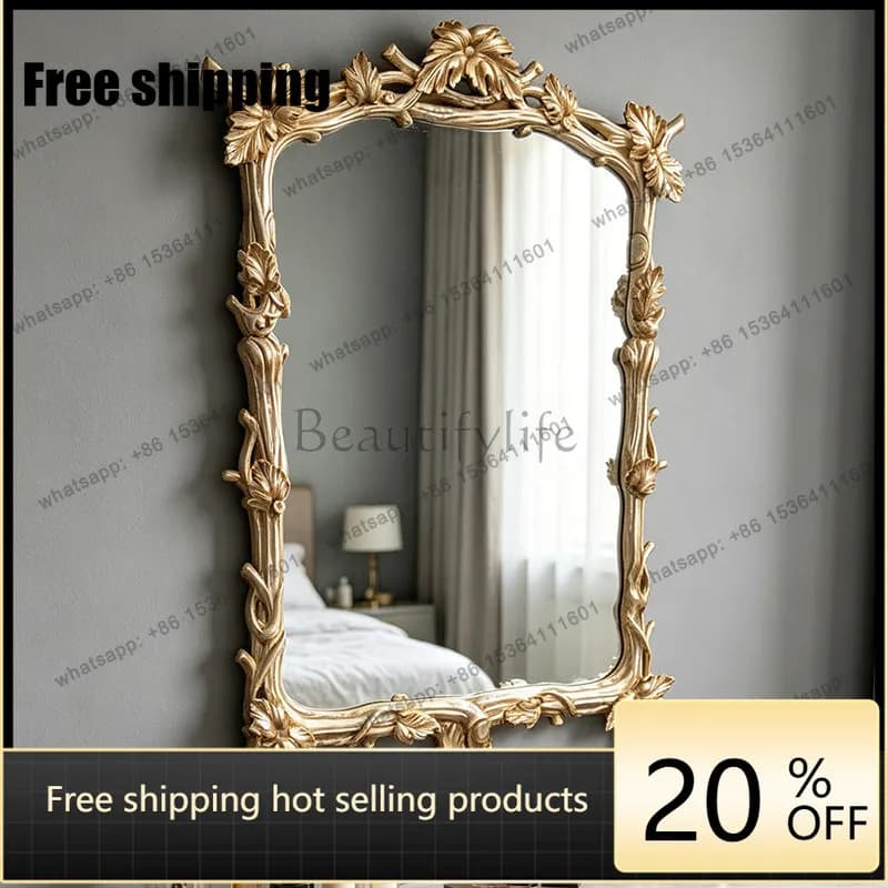 LD French art carved bathroom mirror retro light luxury bedroom desktop entrance decorative mirror
