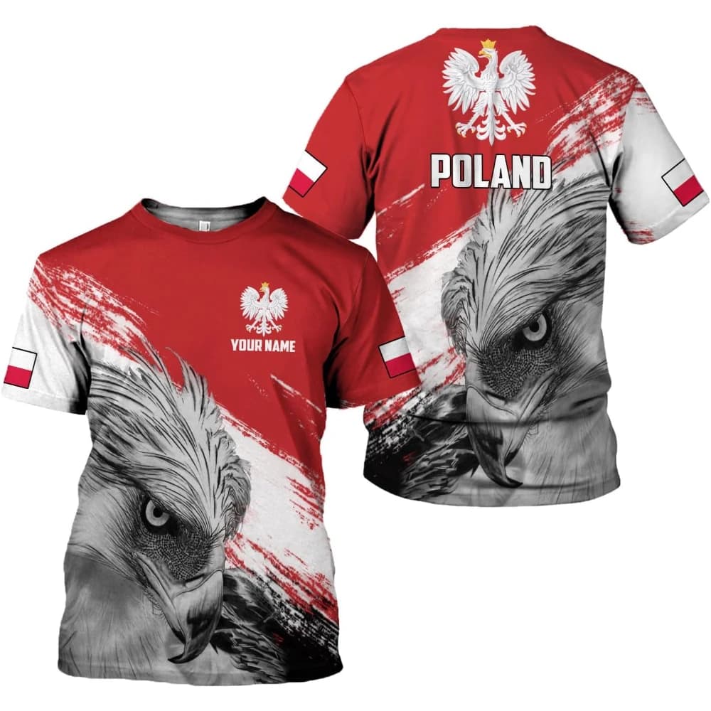 Custom Name Poland Eagle Flag 3D All Over Print T Shirt Men Polish White Eagle Patriotic Short Sleeve Casual Streetwear Tee Tops