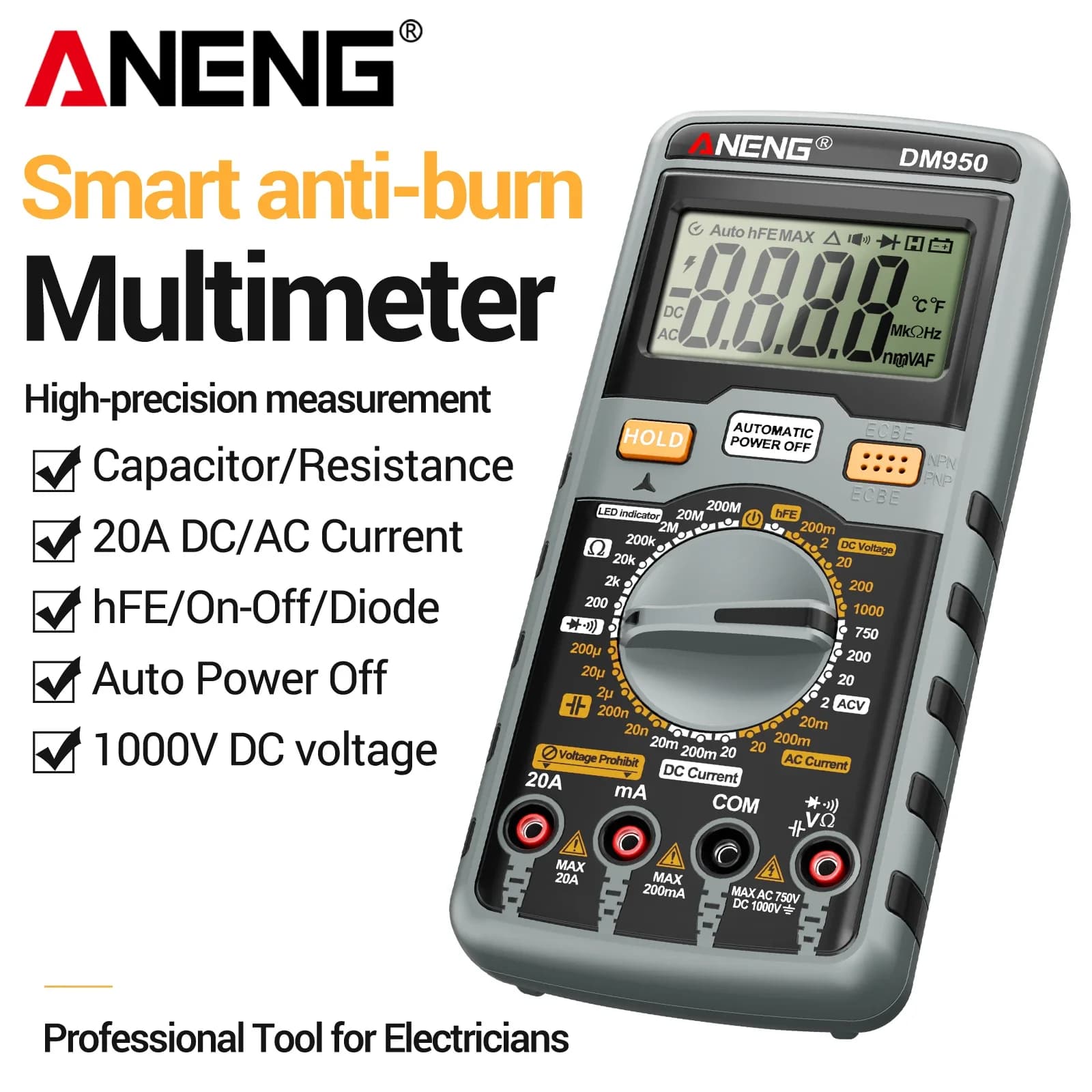 Portable ANENG DM950 Digital Multimeter 1999 Counts AC DC Volt Current Resistance Capacitance Diode HFE Data Hold Auto Power Off