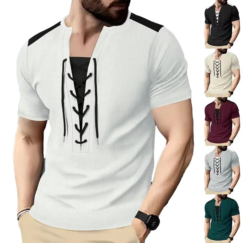 Summer Men's T-Shirt Casual Tether Design Waffle Cardigan Loose Breathable Short Sleeves