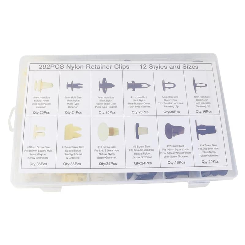 Automotive fastener clips, automotive fender push-in pin rivet bumper door trim panel fastener kit, boxed, 292/192 pieces