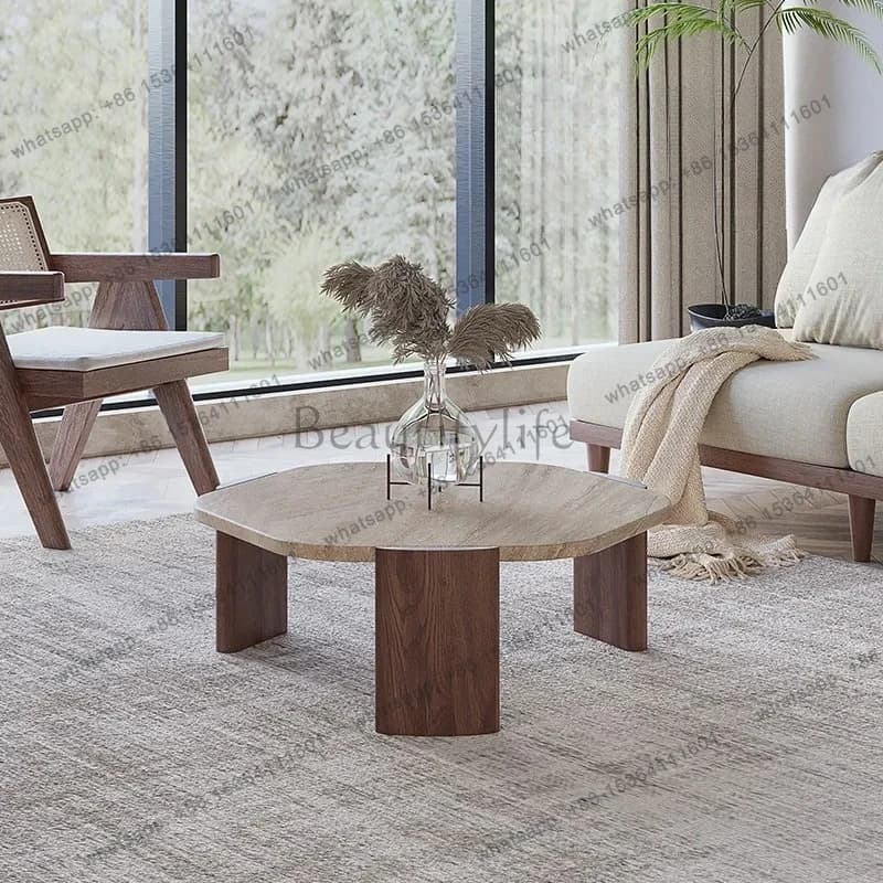 Customizable Natural travertine coffee table small apartment living room home modern simple homestay solid wood marble dwarf