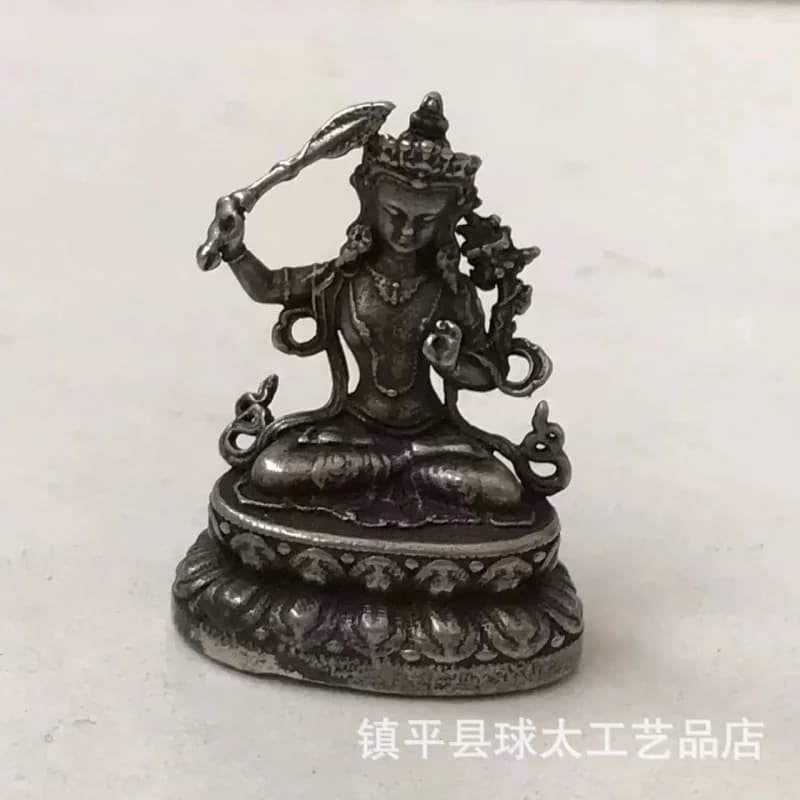 Solid white Manjushri Guanyin ornament, Nepal mini copper statue, pocket , Tibetan-style small Buddha