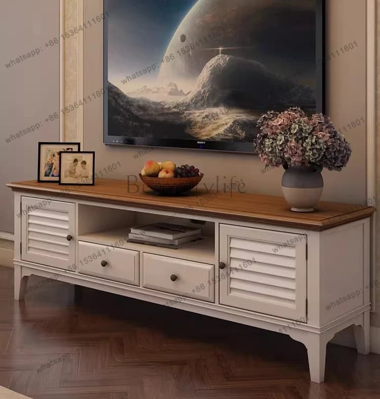 Mediterranean solid wood TV cabinet American light luxury pastoral style furniture floor