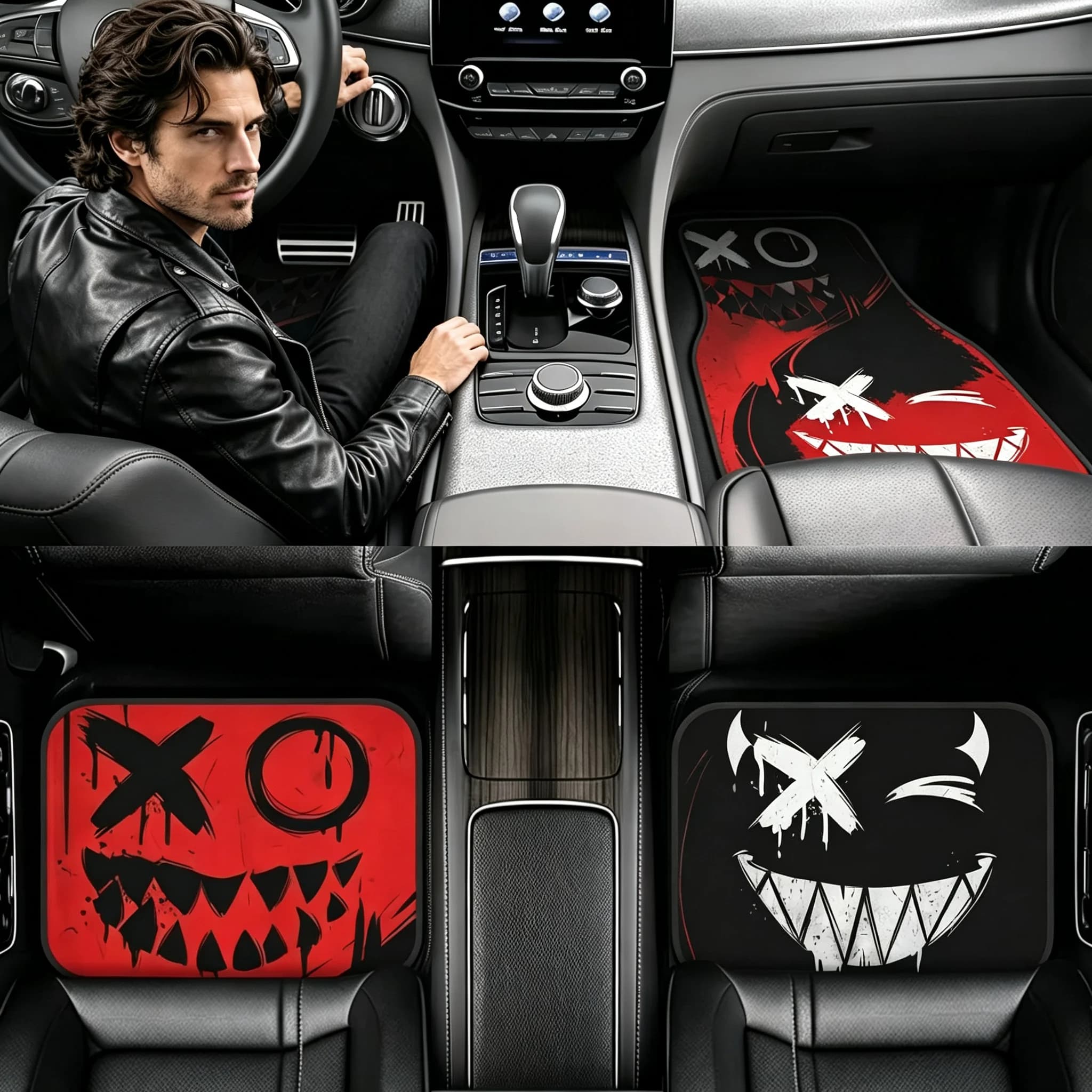 4pcs Cool Spooky Design Car Floor Mats, Vibrant Red with Black Accents,Durable, Non-Slip, Dirt-Resistant, Easy Clean,Helloween