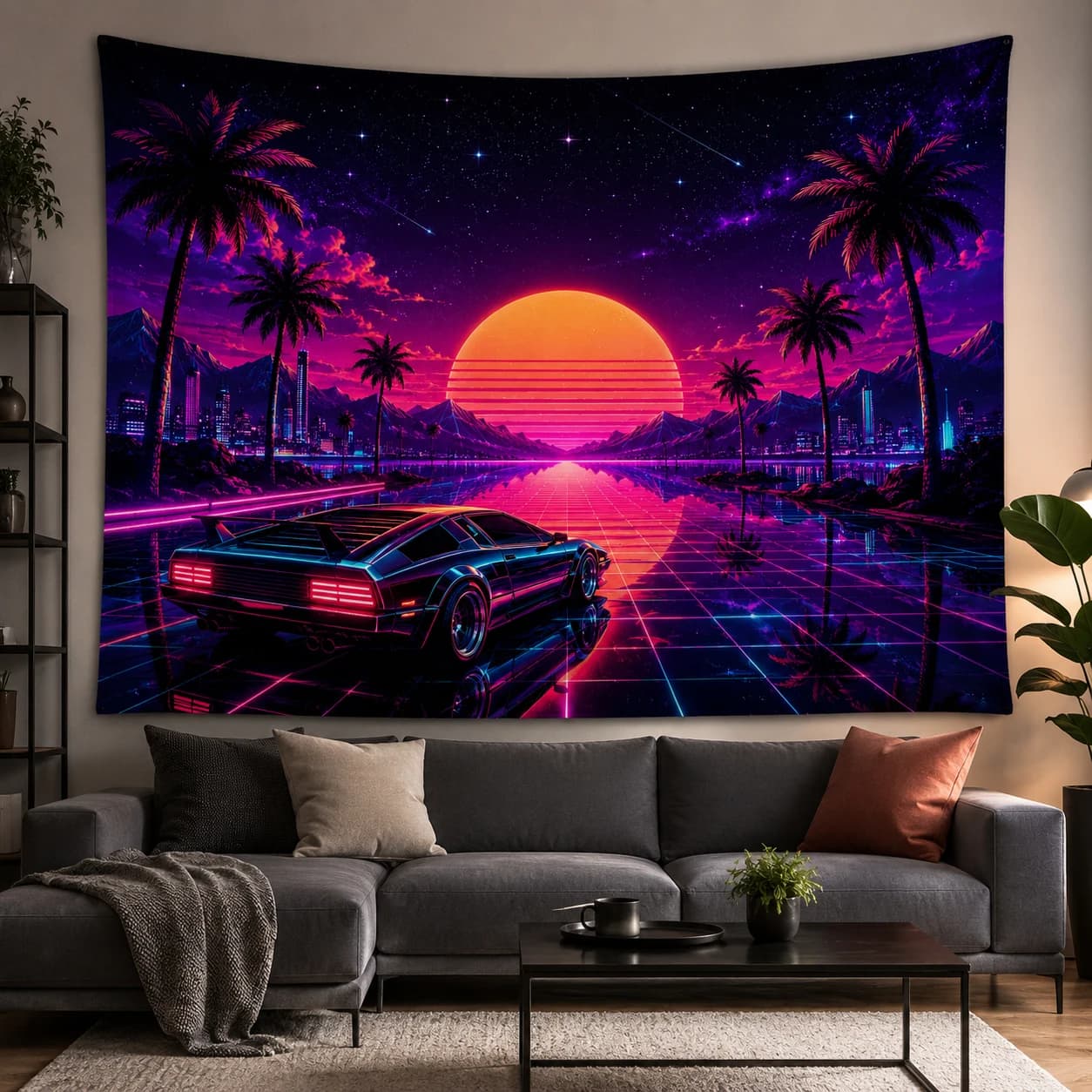 Cyberpunk Wall Tapestry Polyester Synthwave Retro Future Car Wall Hanging Aesthetic Room Decor Neon Backdrop for Gamer Room