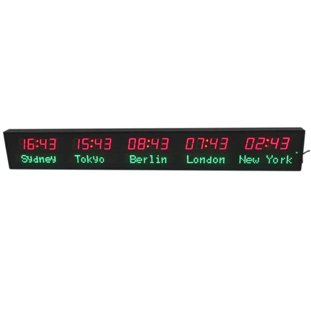 Large numeric alphanumeric LED clock, AC motor, aluminum multi-time zone timer, city name editable