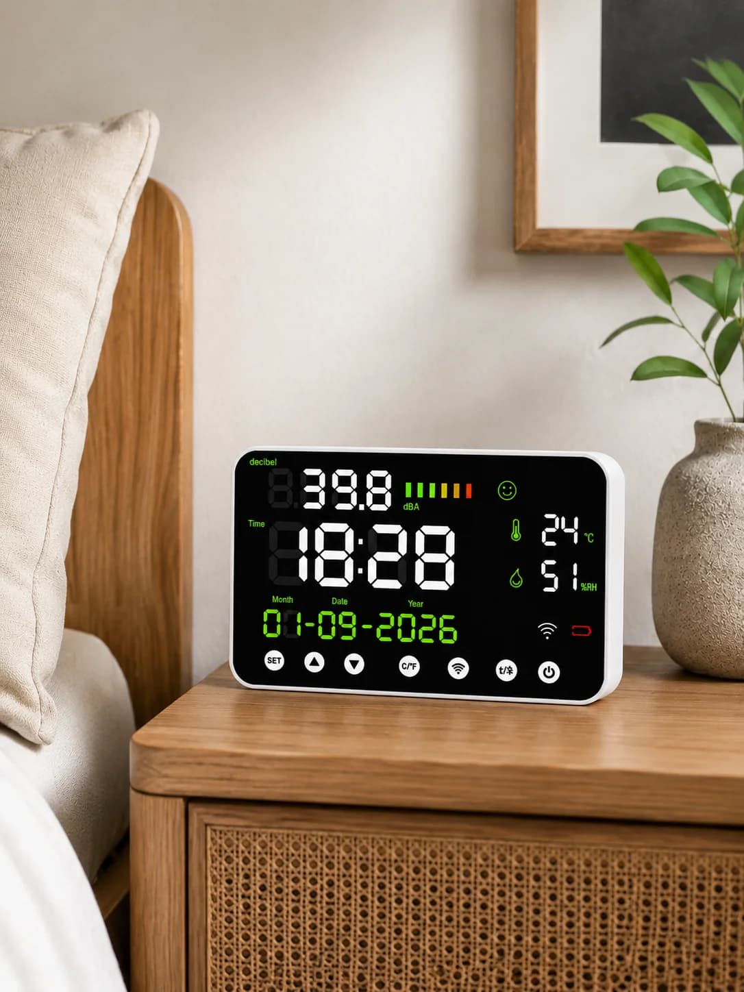 Noise Monitor Temperature Humidity Meter with LED Display 30-130dBA, 4000mAh Battery Wall Mount for Home Office Classroom