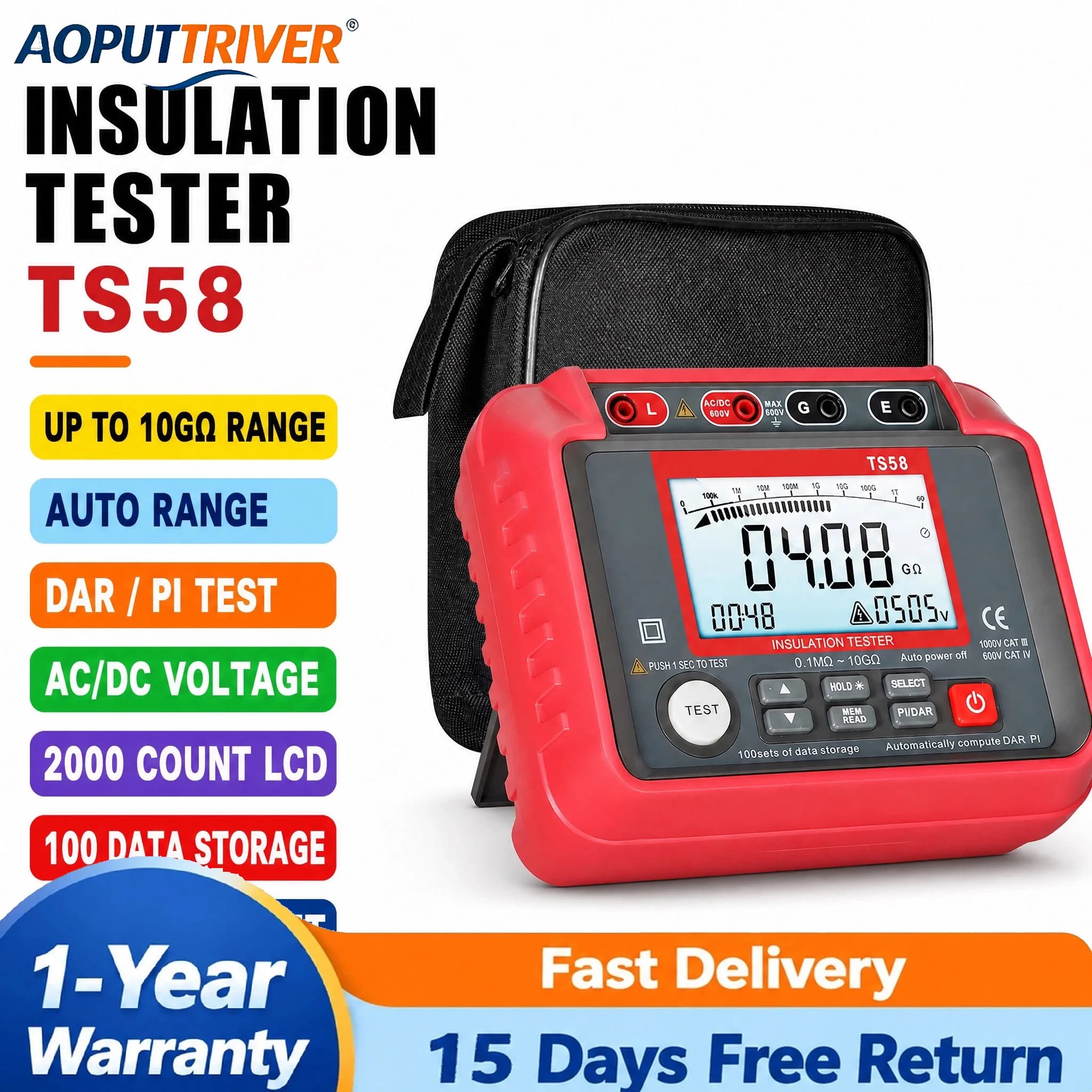 Professional Insulation Tester 2500V Digital Megger Earth Ground Resistance Meter 200GΩ Auto-Range High Voltage Tester Backlight