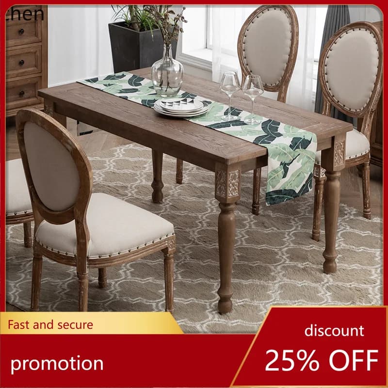 ZML Vintage Dining Table Wedding Studio Distressed Solid Wood Homestay Long Table Carved Table and Chairs