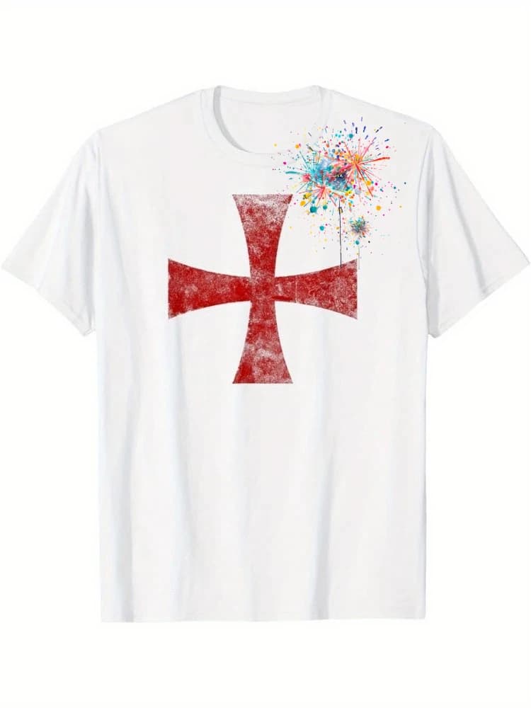 Templar Cross Simple Christian Temple Cross design-100% cotton summer O-neck short sleeve casual printed men's T-shirt.