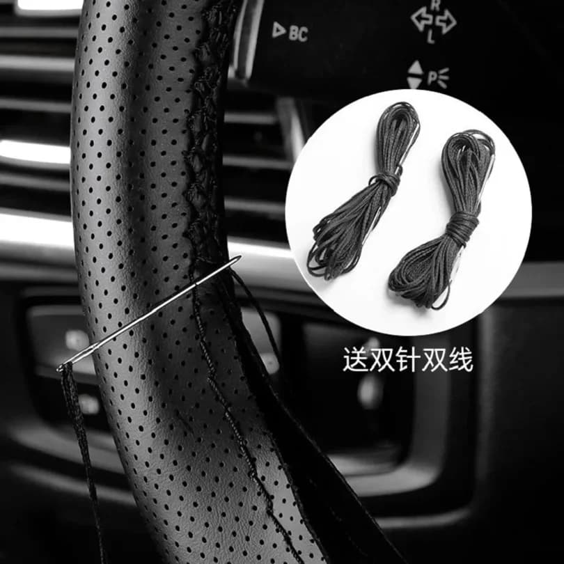 Universal Leather car steering wheel stitched on cover to fit 38cm 14 "DIY sewn breathable and non-slip black