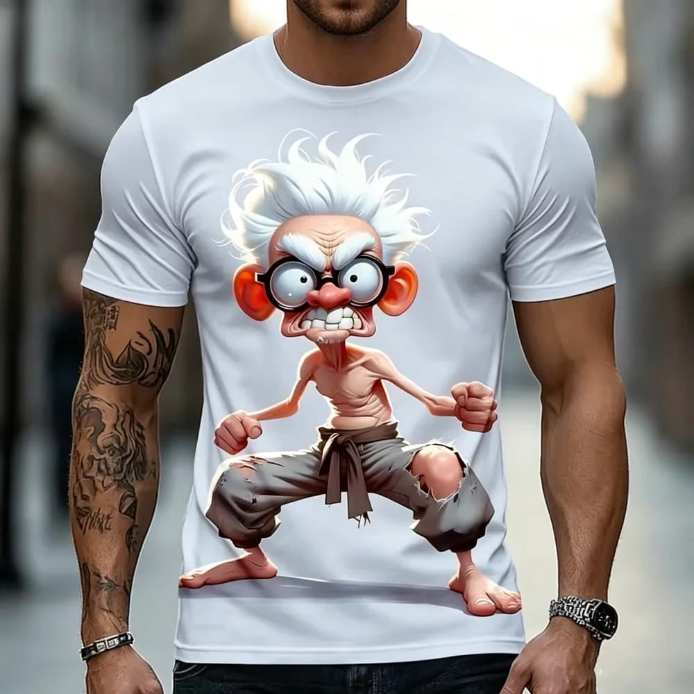 Men Funny Cartoon Kung Fu Old Man 3D Print T-Shirt Crazy Grandpa Martial Artist Graphic Short Sleeve Casual Streetwear Tops