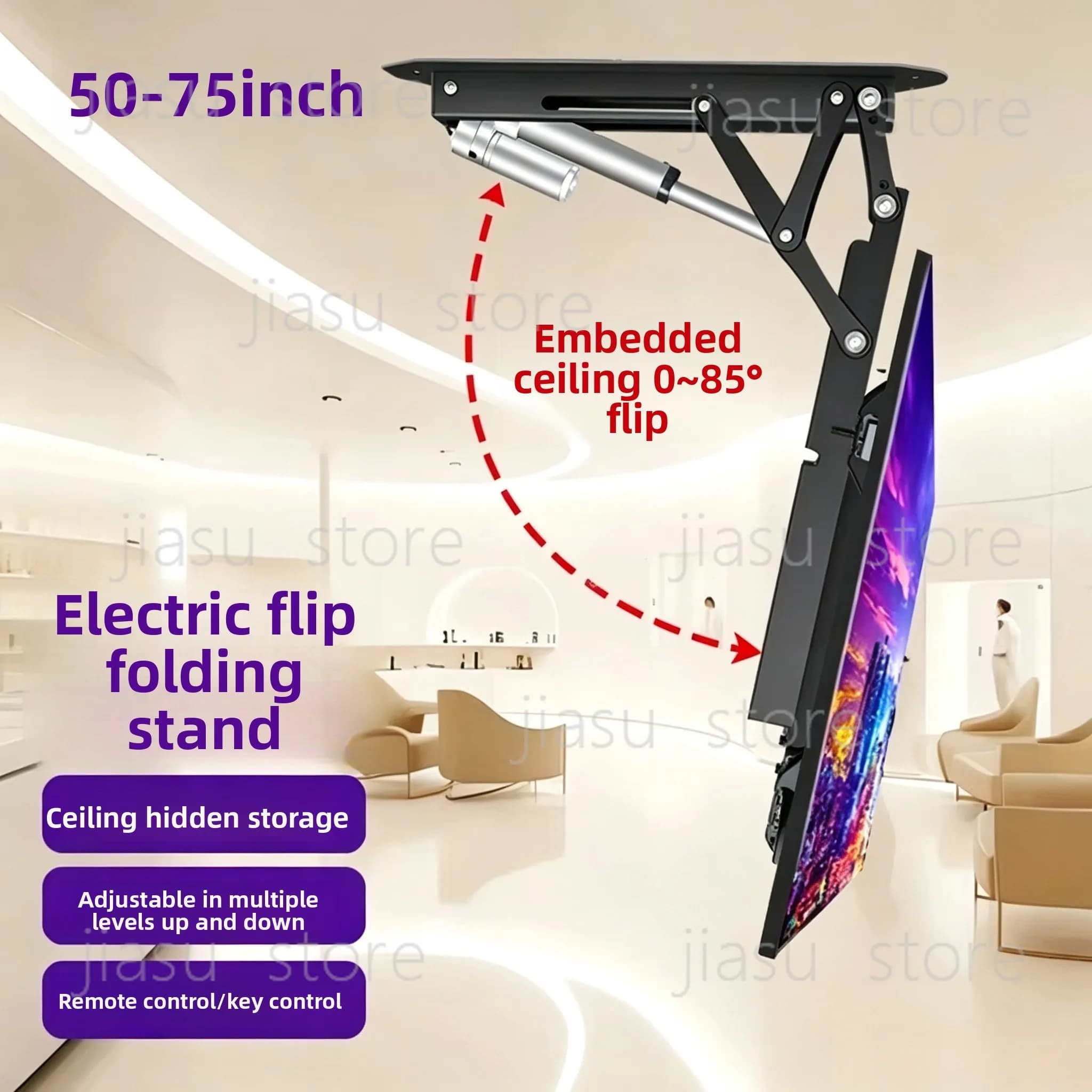 TV electric flip remote control lift hanger folding rotating hidden ceiling bracket 32-70 inches