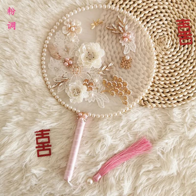 Antique Chinese Bridal Fan Wedding Decoration Hand Hold Flowers Pink Decorative Fan