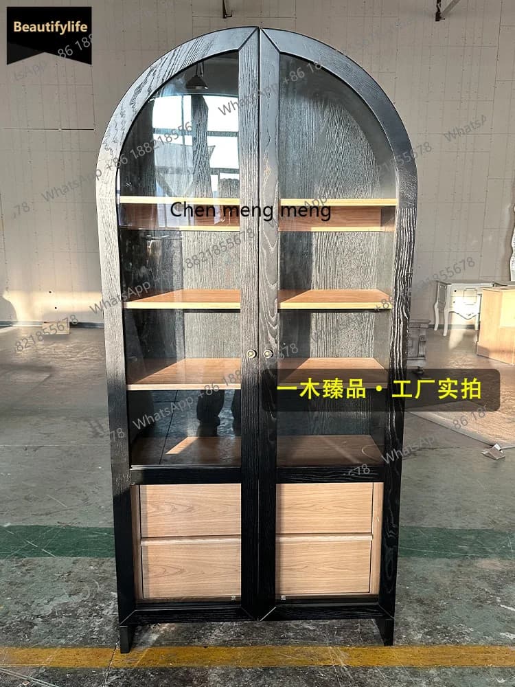 GG American-style Light Luxury Solid Wood Bookshelf Floor-standing with Glass Door Storage Cabinet Vintage Display Cabinet