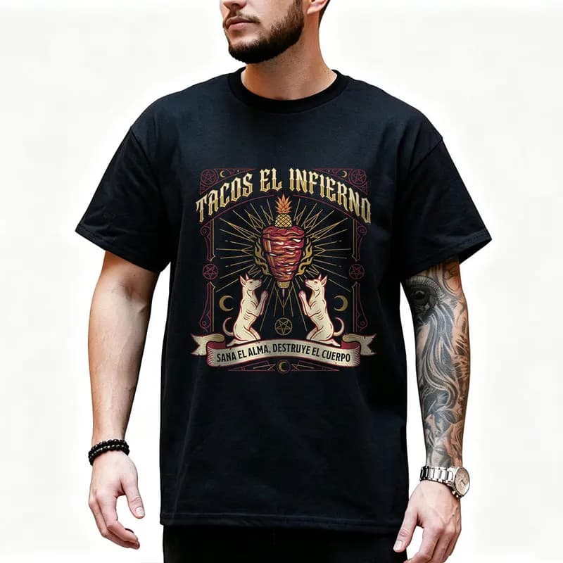 Dogs praying to meat cone Graphic T Shirt 0912 Retro Dark Humor Mexican Culture Halloween Alternative Art Tee