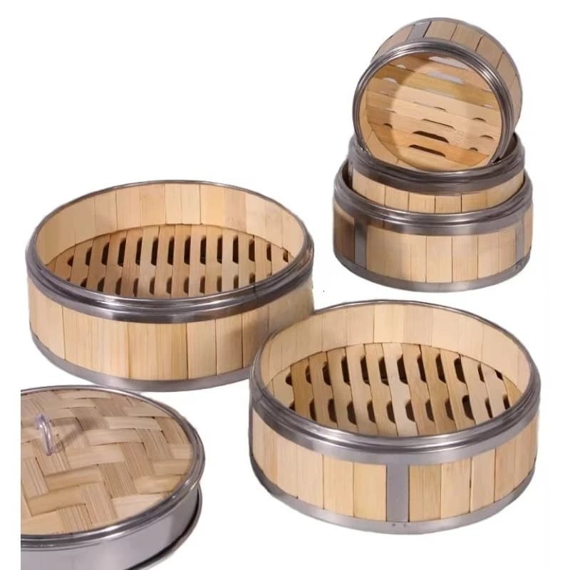 Large traditional bamboo steamer, with lid, for gas and induction stoves, for cooking and refreshments