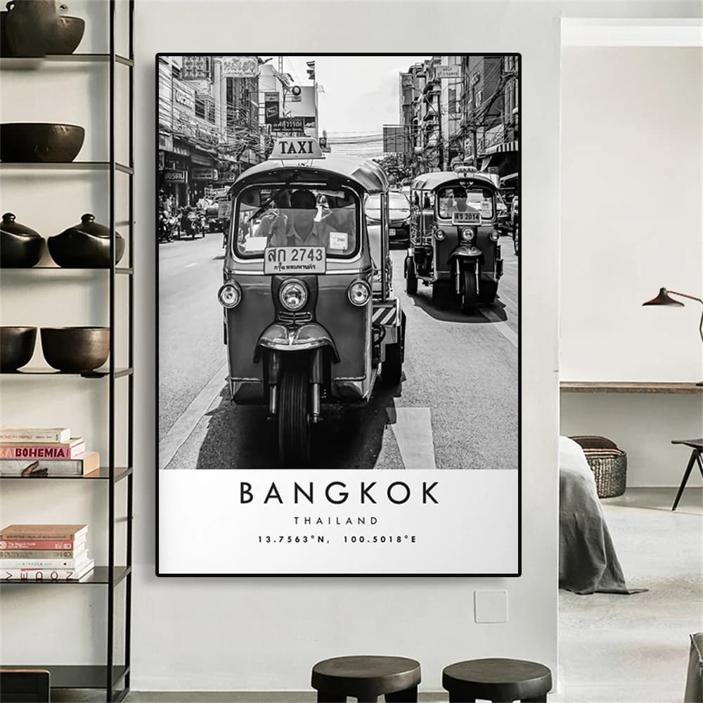 Vintage Bangkok Travel Poster Black and White Travel Prints Bangkok Thailand Canvas Minimalist Travel Pictures Home Room Decor
