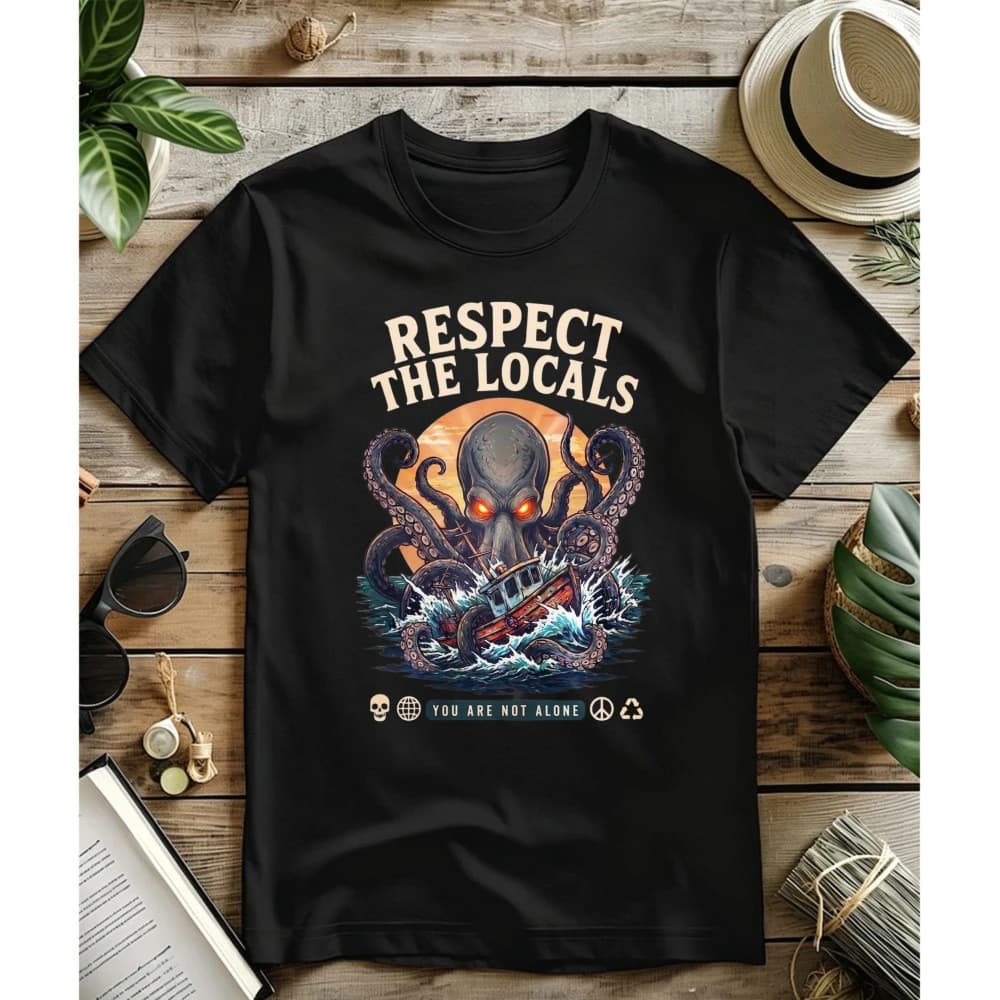 Respect The Locals Kraken Cthulhu Sea Monster T-Shirt Cryptid Fishing Shirt Octopus Graphic Tee High Quality Cotton Casual Tees