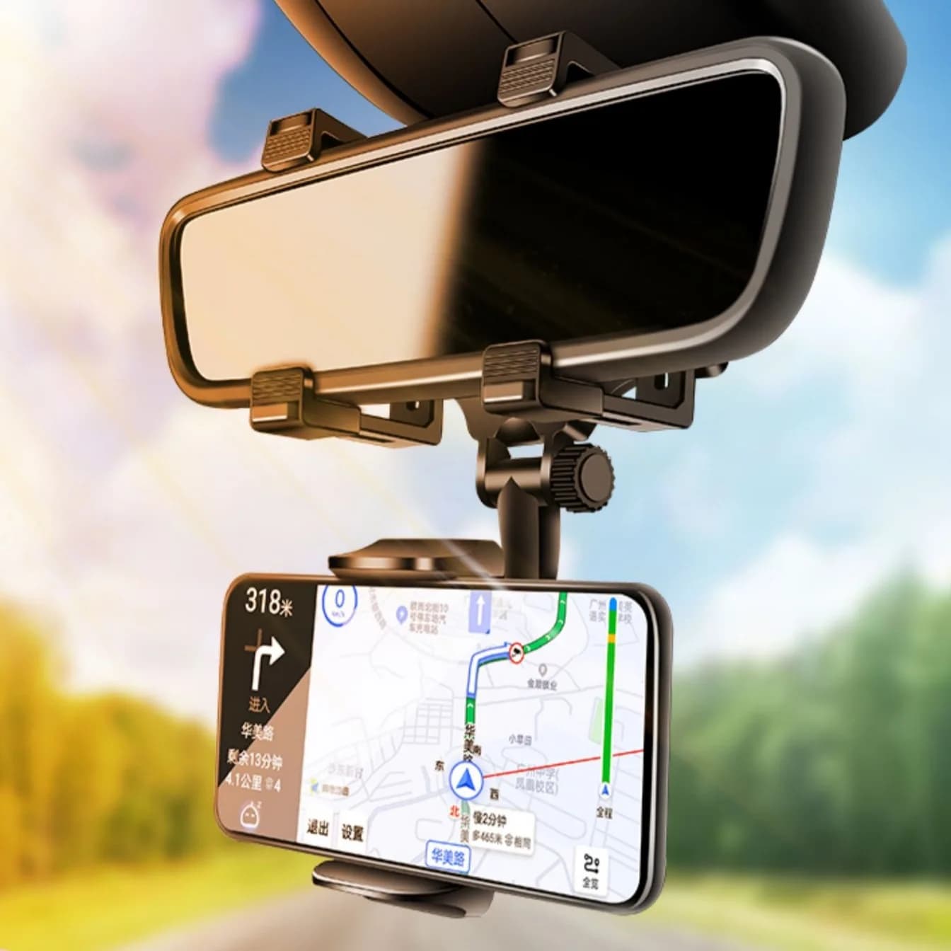 Car Rearview Mirror Phone Holder Rotation Adjustment Anti-Slip Stable Gripper Universal Navigation Bracket For iPhone Car Stand