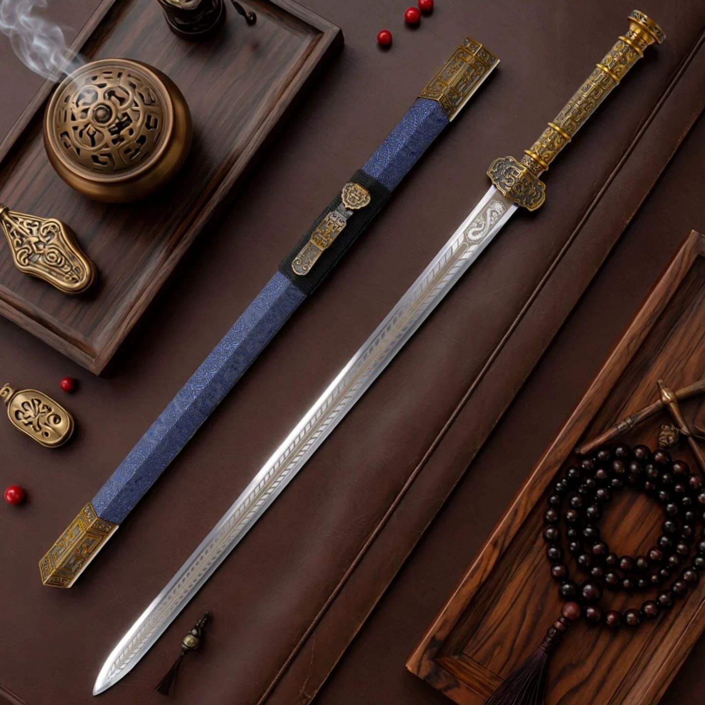 Eastern Han Ruyi Han Sword Manganese Steel Feather Etched Blade Antique Bronze Alloy Fittings Han Jian Free Black Sword Stand