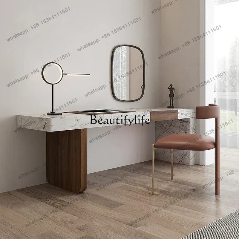 Italian Natural Marble Dressing Table Desk Light Luxury Desk Integrated Combination TV Bench for Bedroom