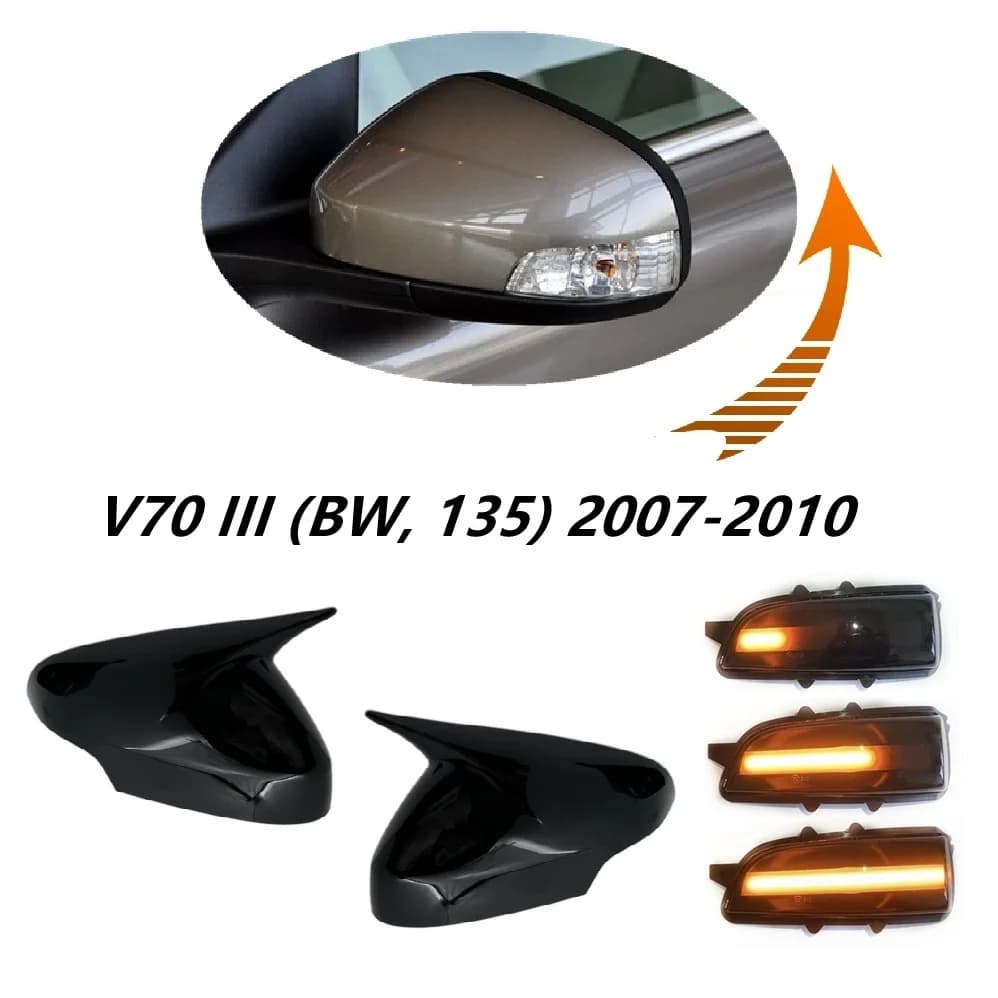 for VOLVO V70 MK3 BW 135 2007-2010 Pre-facelift Upgrade Set Gloss Black Horn Stylish Wing Mirror Stick-on Cap Dynamic Blinker