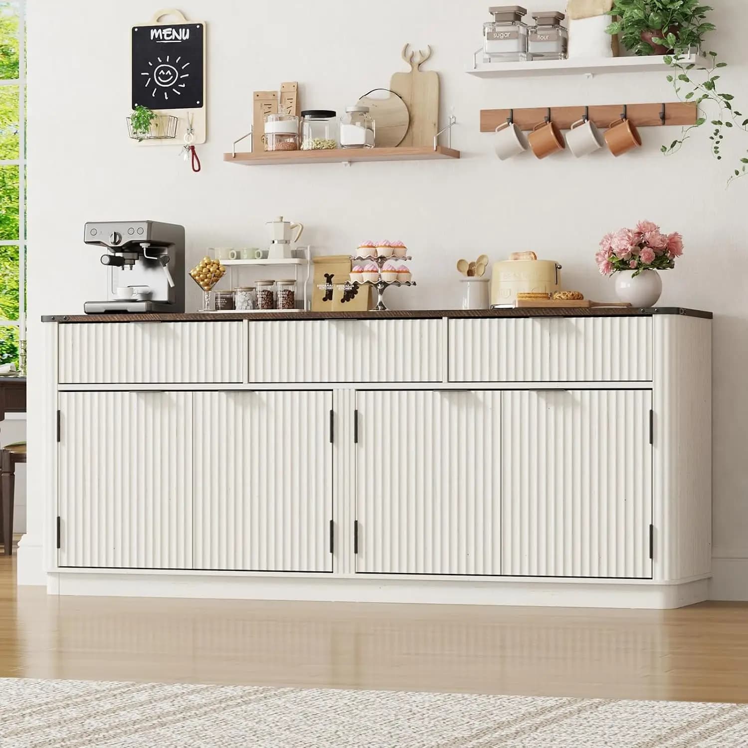 70” Rounded Edge Large Sideboard Buffet Cabinet with 3 Storage Drawers,Farmhouse Kitchen Fluted Sideboard Cabinet w, Customized
