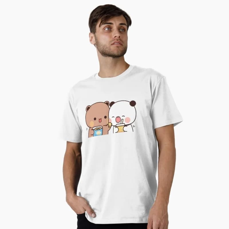 Dudu feeding Bubu chips Gift t shirt ‌kawaii‌ Panda Bear Cartoon Graphic tee Cute Y2K Clothes 100% cotton All size Tee S-6XL