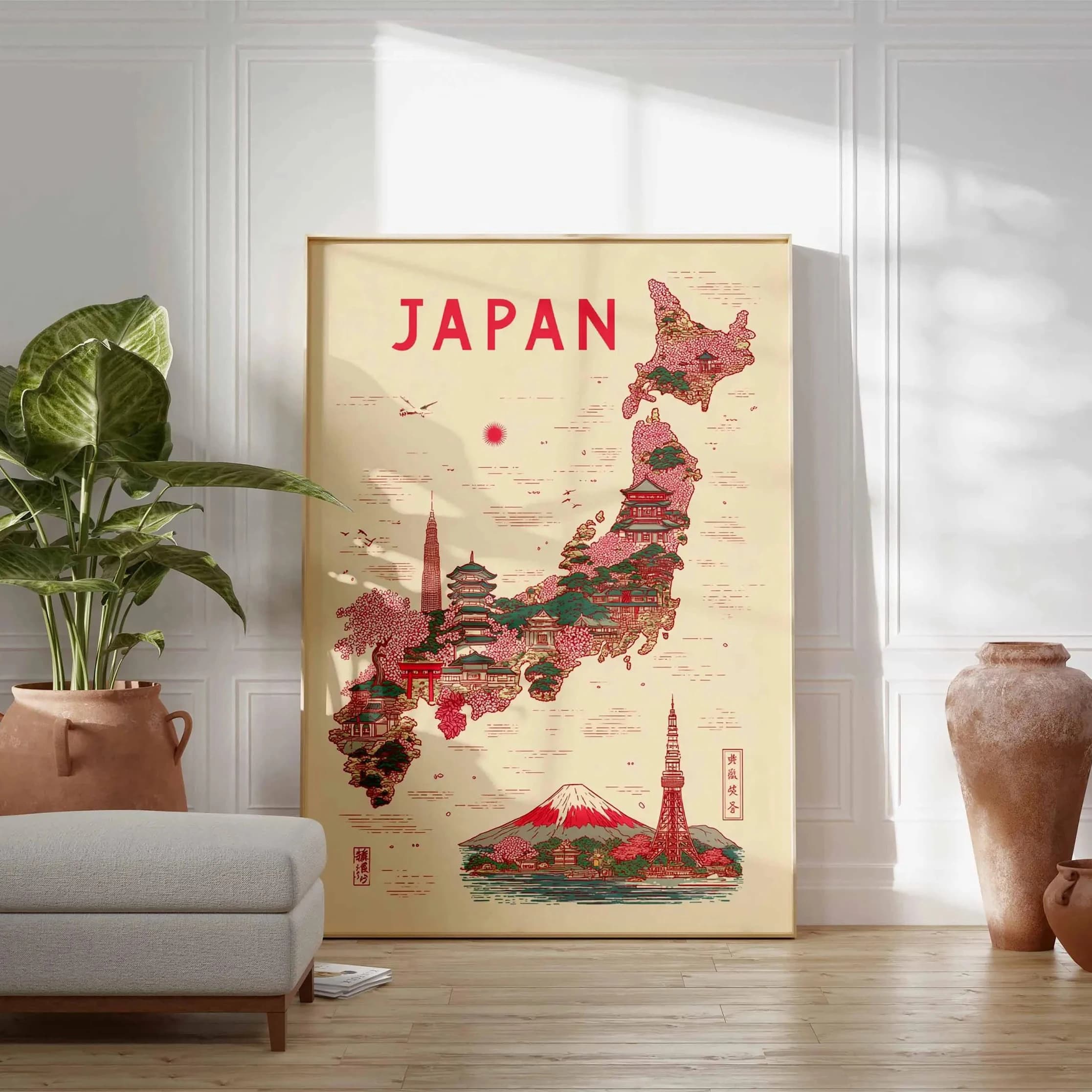 Japan map poster, vintage travel wall decoration, illustrations of Japanese historical sites, home living room decoration.