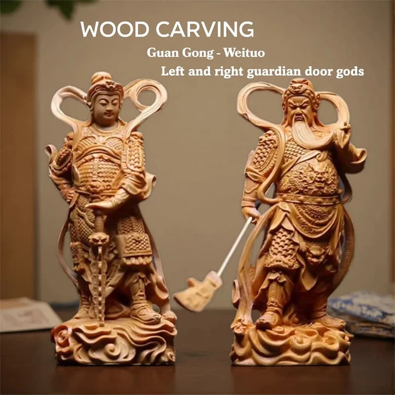 Wood Carving Guan Gong Wei Tuo Door God Sculpture Statue Mythological Characters Home Room Office Wealth Luck Feng Shui Decor