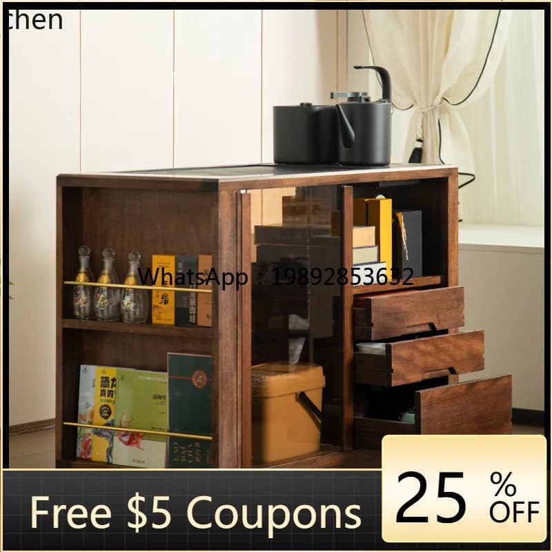 Solid Wood Large Tea Cabinet Mobile  Tea Set Storage Cabinet Black Gold Stone  Tray Kettle Integrated Tea Table
