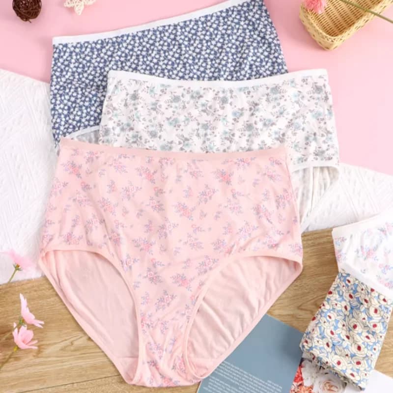 2PCS High Stretch Modal Underwear Couple High Waist Flower Triangular Panties Lingerie  Breathable Soft Plus Size Cute Briefs﻿