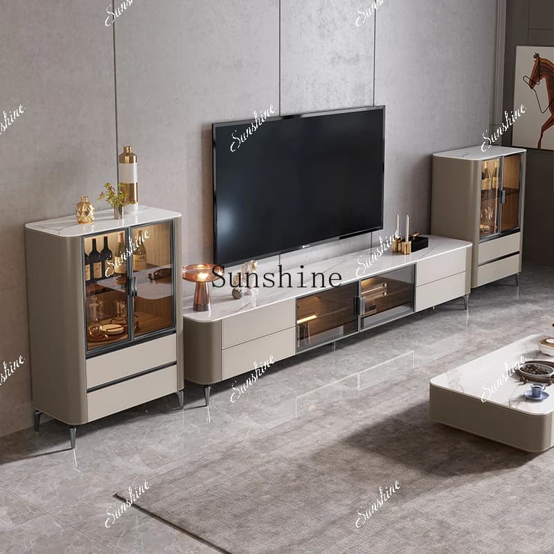 Italian saddle leather coffee table TV cabinet combination modern living room small apartment solid wood floor cabinet  FT