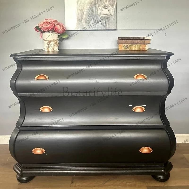American country solid wood retro bedroom three-bucket cabinet, French black villa living room storage cabinet simple locker