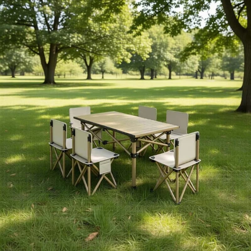 Outdoor steel folding dining table and chairs - lightweight and portable square modern design 6-seat outdoor camping furniture