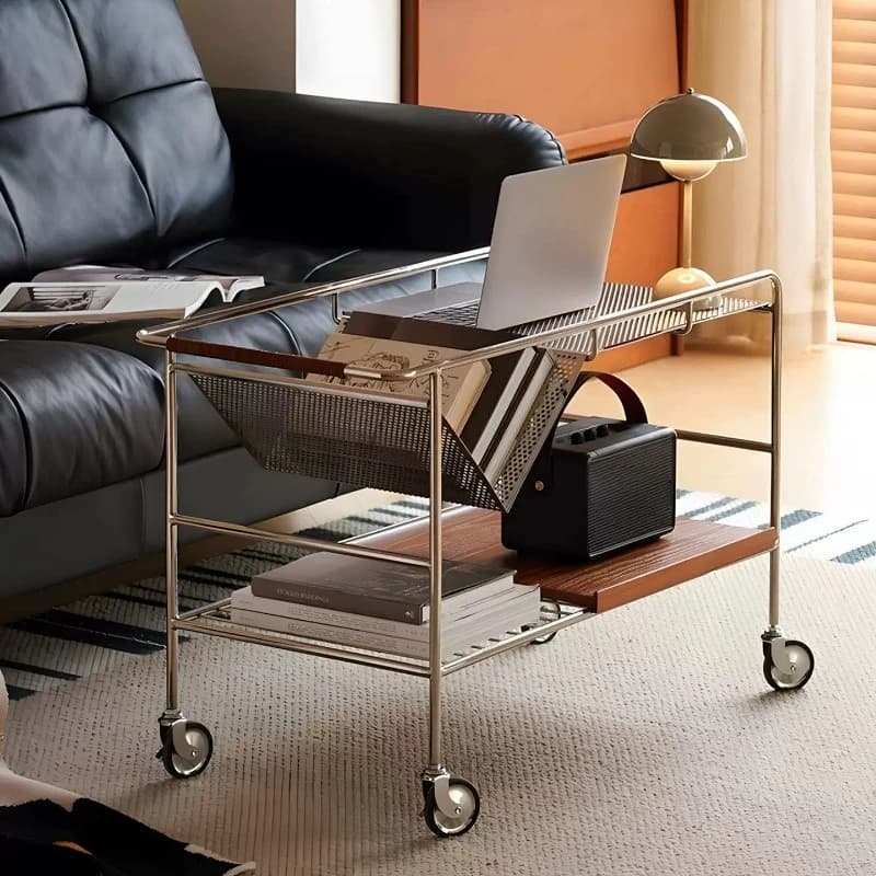 Medieval Bauhaus mobile trolley stainless steel solid wood living room home simple storage sofa dining side coffee table
