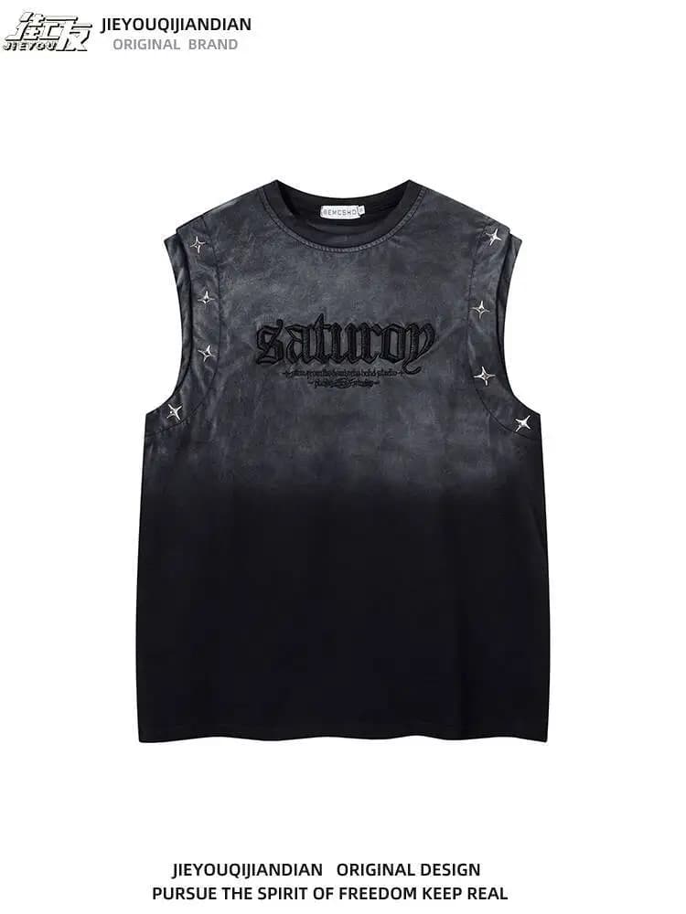Vintage Gradient Studded Vest for Unisex Hiphop Style Letter Embroidery Loose Cotton Casual Sleeveless Top