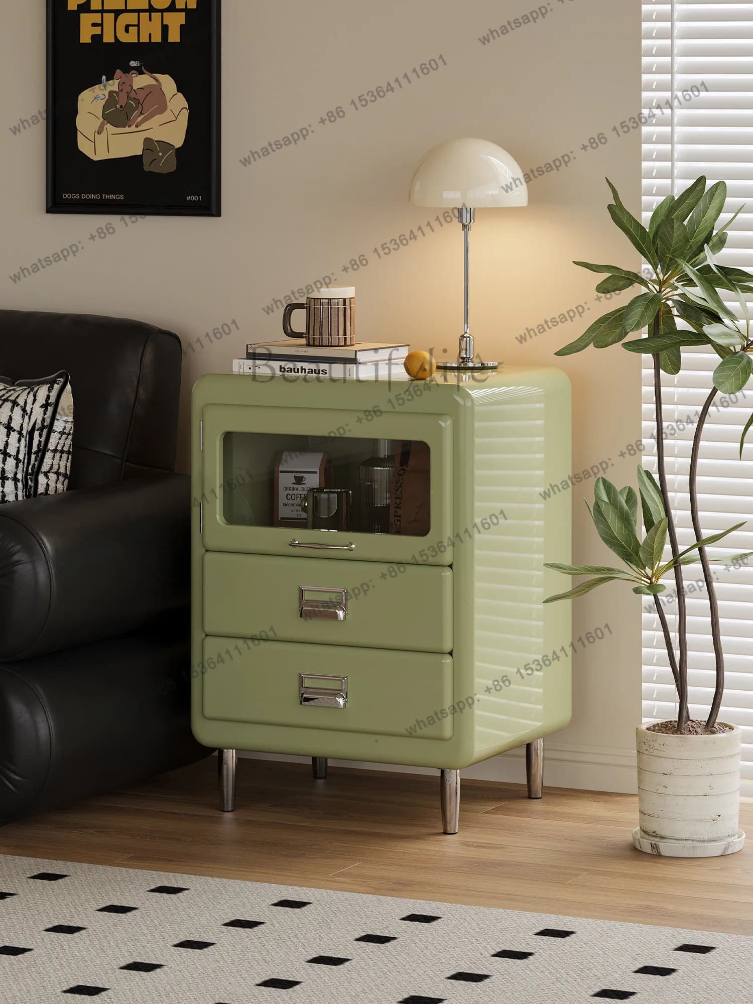 Japanese-style retro three-bucket cabinet, bedroom bedside glass drawer storage cabinet