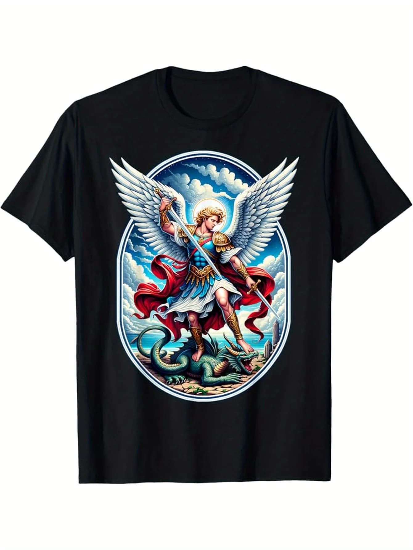 St. Michael The Archangel Graphic Vibrant Angel Warrior T-Shirt 100% Cotton O-Neck Short Sleeve Summer Casual Mens T-shirt