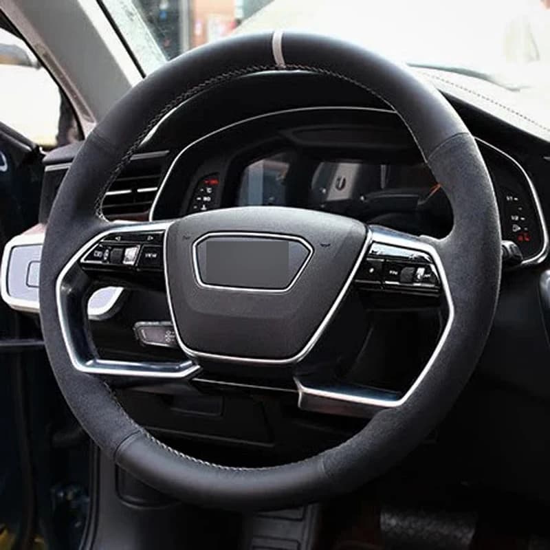 Alcantara Steering Wheel Cover Real Leather White Thread and White Stripe Car Accessoires for Audi A6 A8 RS Q8 A6L A8L Q3 R8 V10