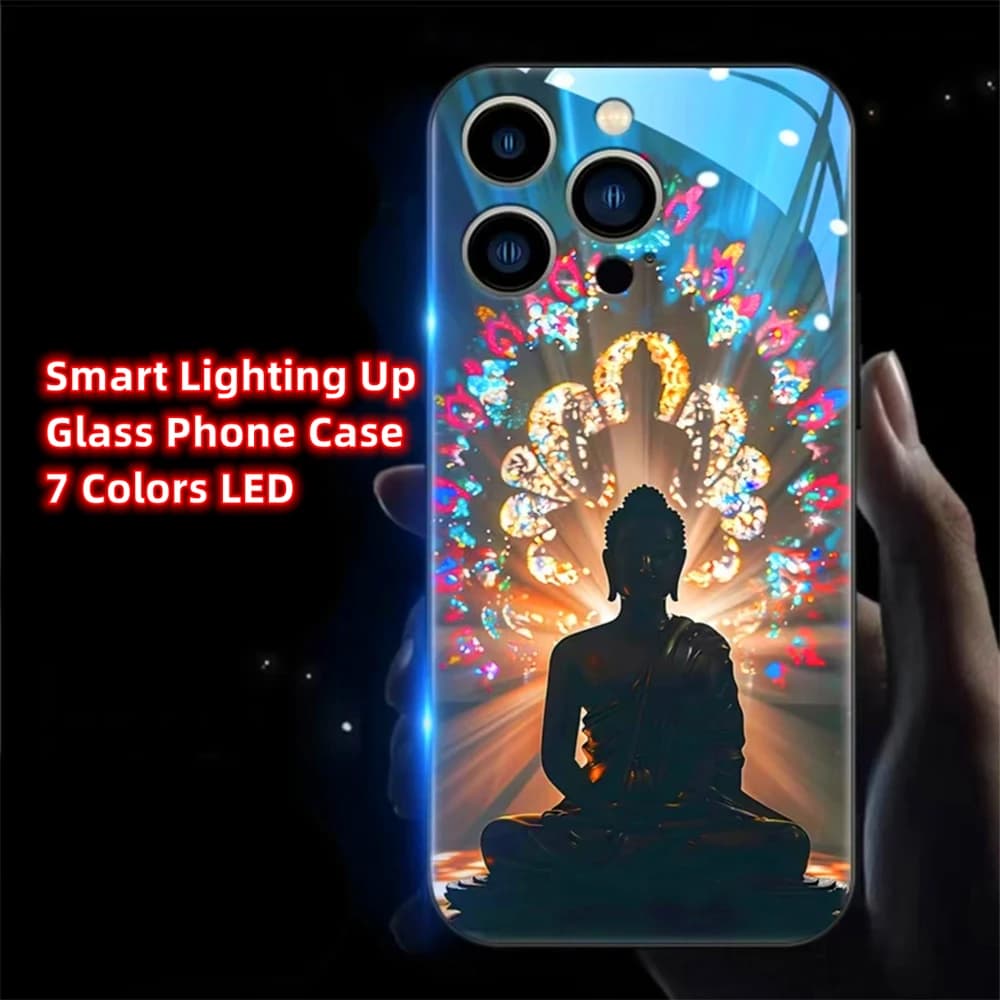 Brilliant Buddha Design Smart LED Light Glow Tempered Glass Phone Case For iPhone Air 17 16 15 14 13 12 11 Pro Max Plus