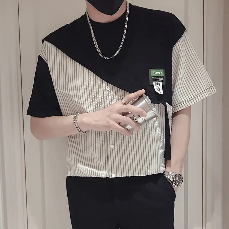 Summer Spliced Striped Men O Neck Short Sleeve T Shirts Fake Two Piece Fashion Business All-match 2xl Oversized Clothing Office